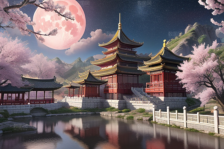 仙境明亮绽放的桃花在神话之门