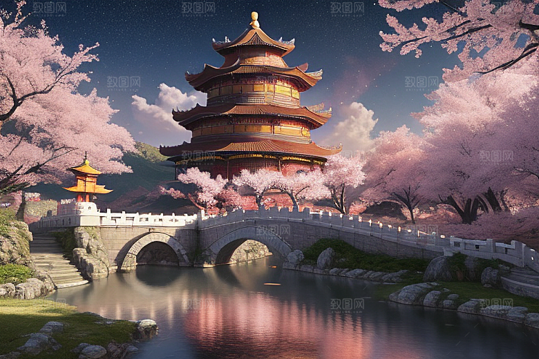 仙境明亮绽放的桃花在神话之门