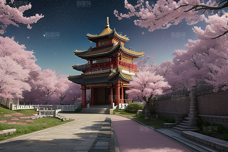仙境明亮绽放的桃花在神话之门