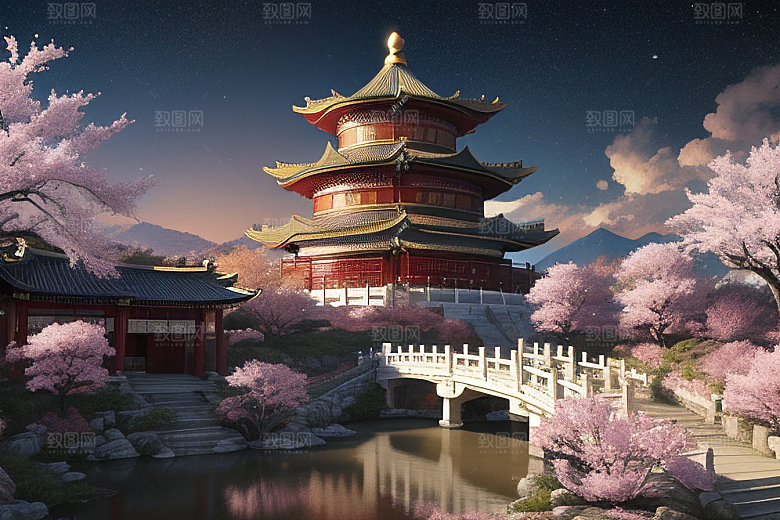 仙境明亮绽放的桃花在神话之门