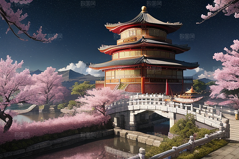 仙境明亮绽放的桃花在神话之门