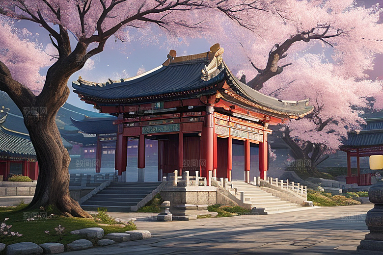 仙境明亮绽放的桃花在神话之门
