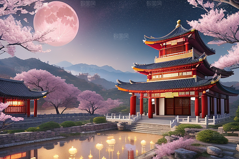 仙境明亮绽放的桃花在神话之门