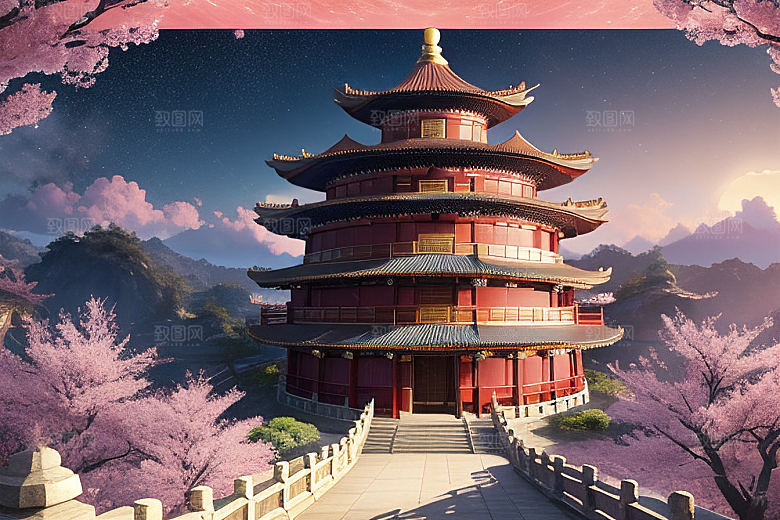 仙境明亮绽放的桃花在神话之门