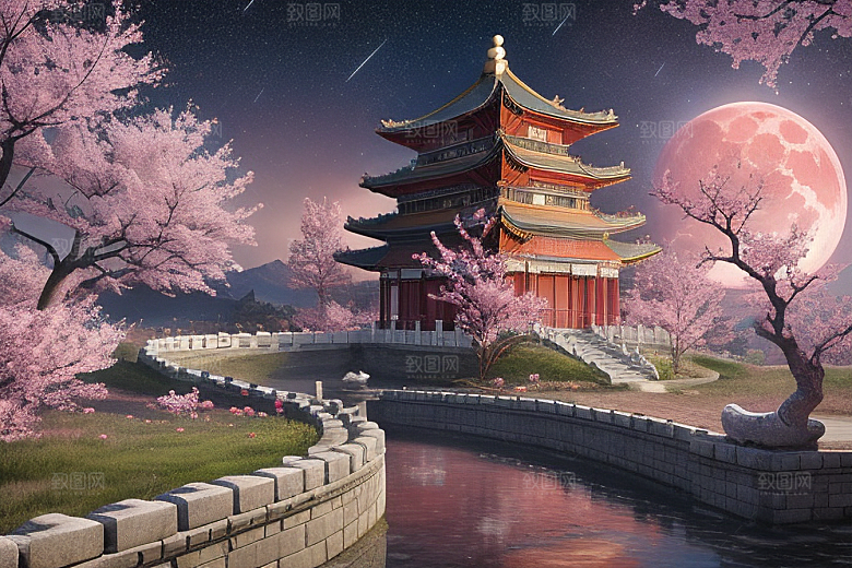 仙境明亮绽放的桃花在神话之门