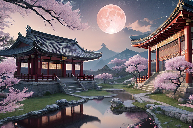 仙境明亮绽放的桃花在神话之门