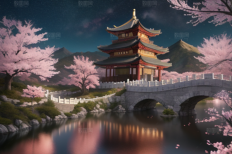 仙境明亮绽放的桃花在神话之门