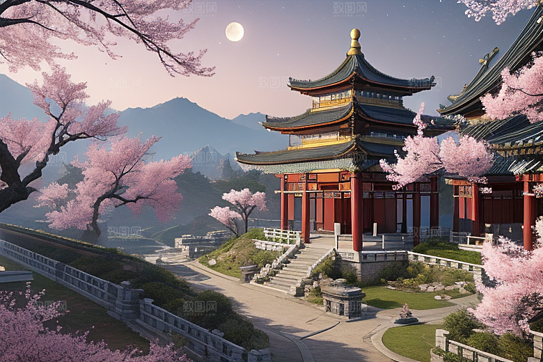 仙境明亮绽放的桃花在神话之门