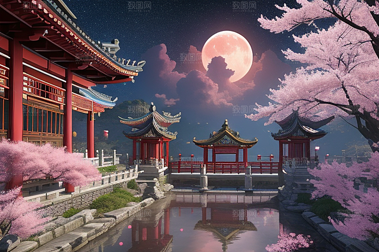 仙境明亮绽放的桃花在神话之门
