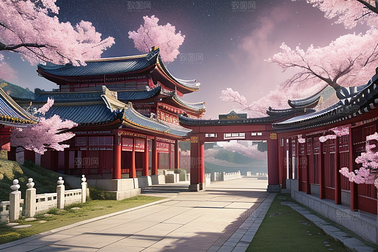 仙境明亮绽放的桃花在神话之门