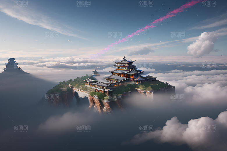 云上银色古宫层层彩泡浮动