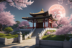 中国风仙境俯瞰的明亮桃花