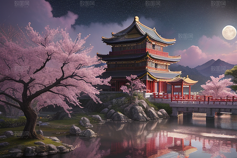 中国风仙境俯瞰的明亮桃花