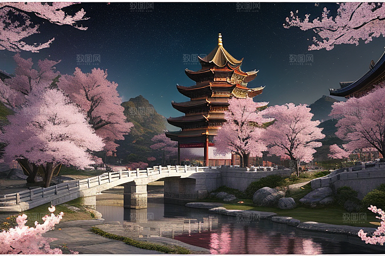 中国风仙境俯瞰的明亮桃花