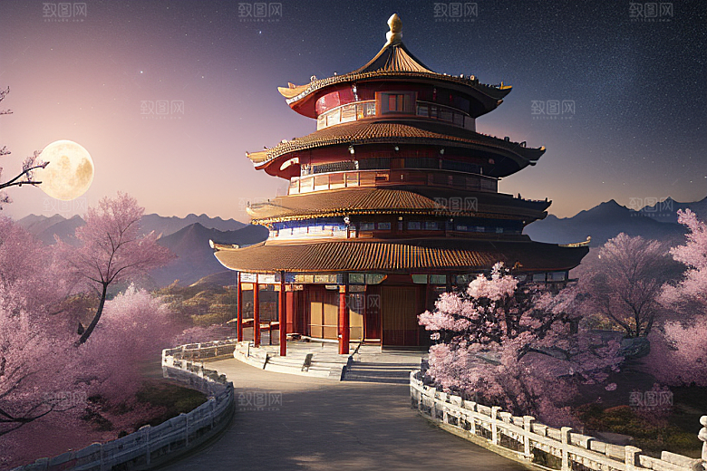 中国风仙境俯瞰的明亮桃花