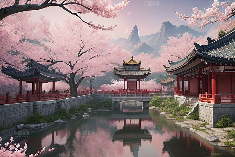 中国风仙境俯瞰的明亮桃花