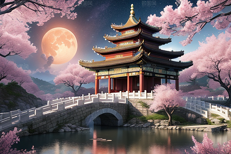 中国风仙境俯瞰的明亮桃花