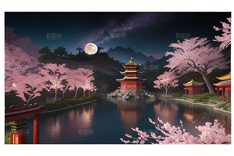 中国风仙境俯瞰的明亮桃花