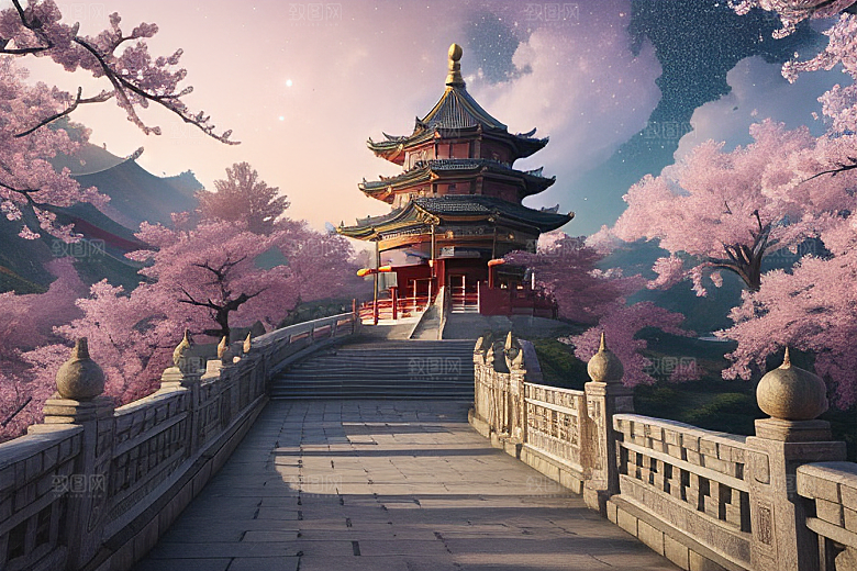 中国风仙境俯瞰的明亮桃花