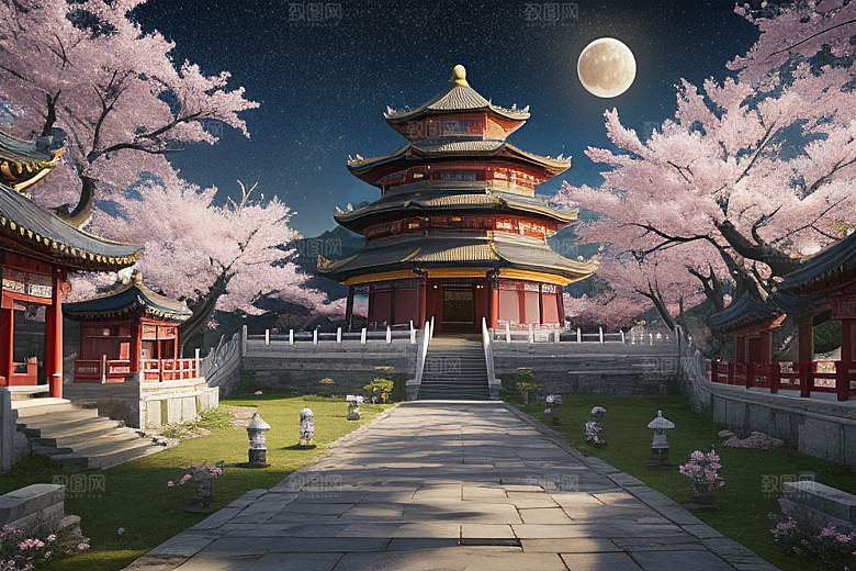中国风仙境俯瞰的明亮桃花