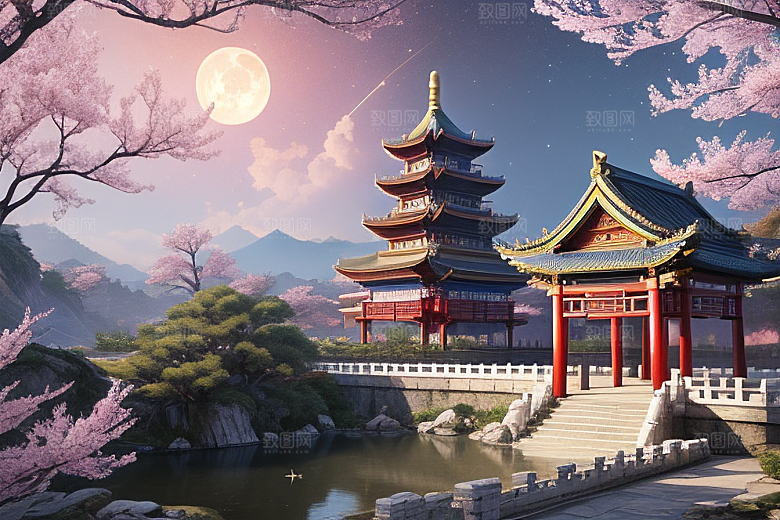 中国风仙境俯瞰的明亮桃花