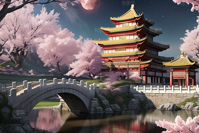 中国风仙境俯瞰的明亮桃花