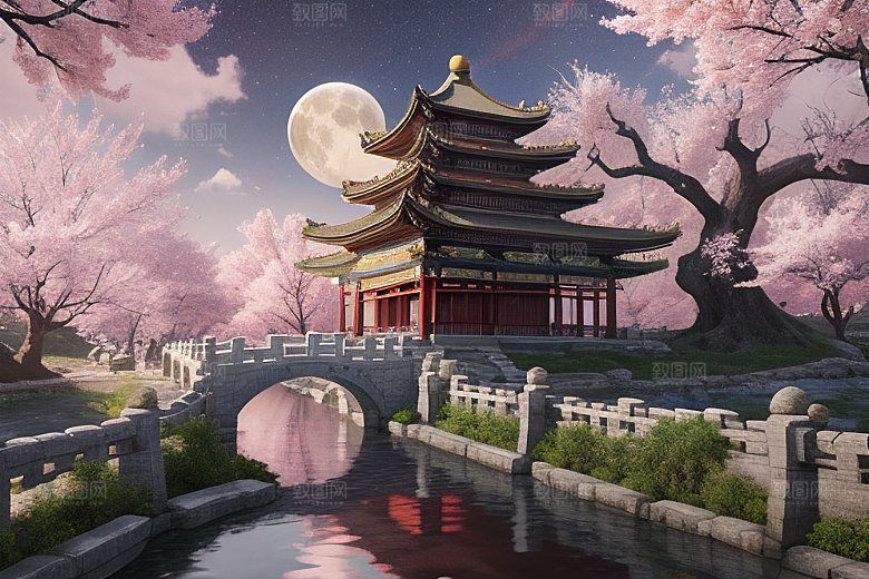 中国风仙境俯瞰的明亮桃花