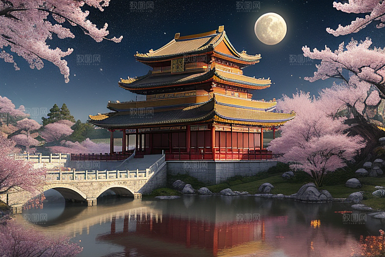 中国风仙境俯瞰的明亮桃花
