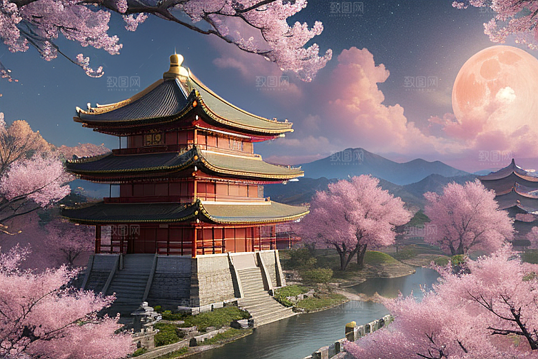 中国风仙境俯瞰的明亮桃花