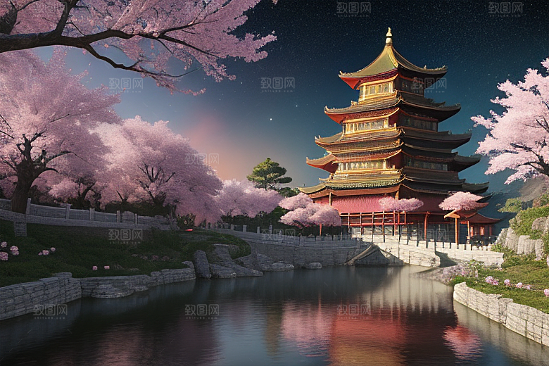 明亮世界仙境中的清澈桃花