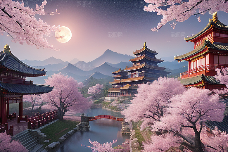 明亮世界仙境中的清澈桃花