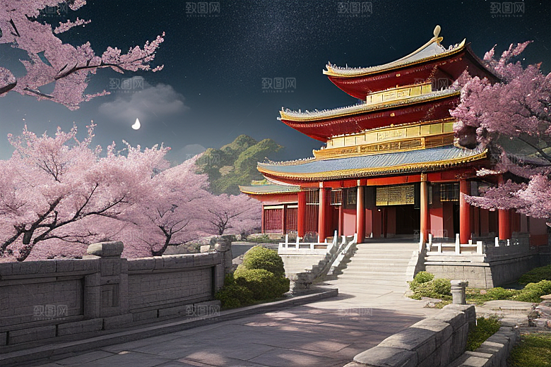 明亮世界仙境中的清澈桃花