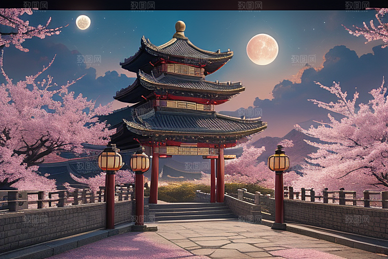 明亮世界仙境中的清澈桃花