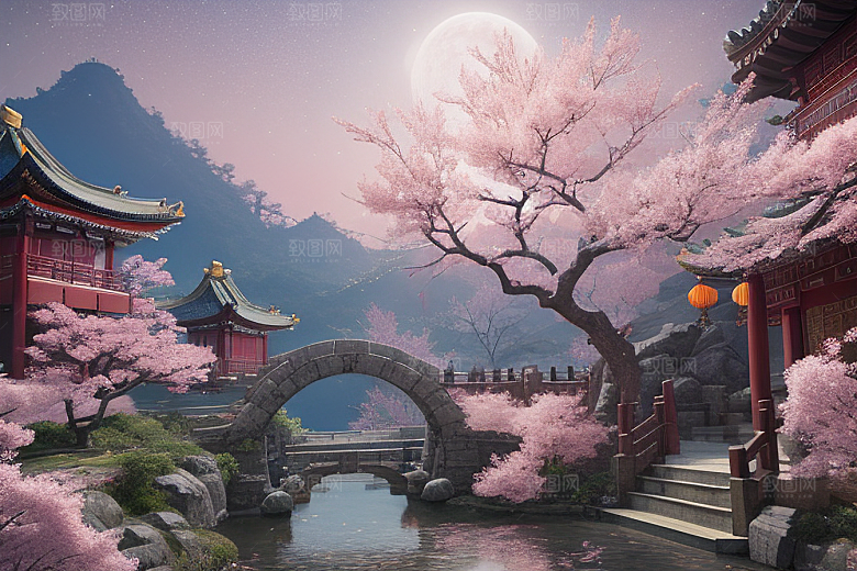 明亮世界仙境中的清澈桃花