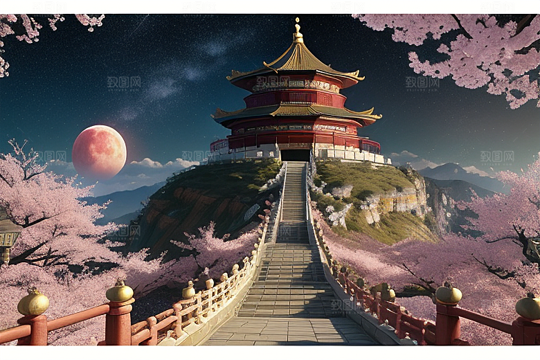 明亮世界仙境中的清澈桃花