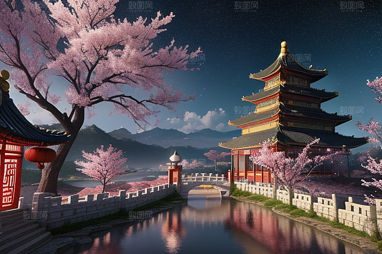 明亮世界仙境中的清澈桃花