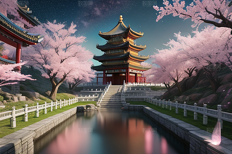 明亮世界仙境中的清澈桃花