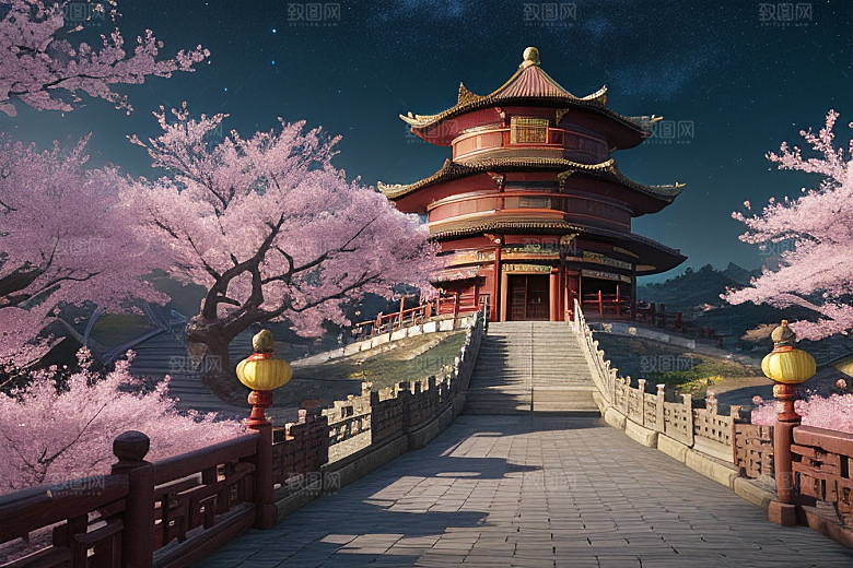 明亮世界仙境中的清澈桃花