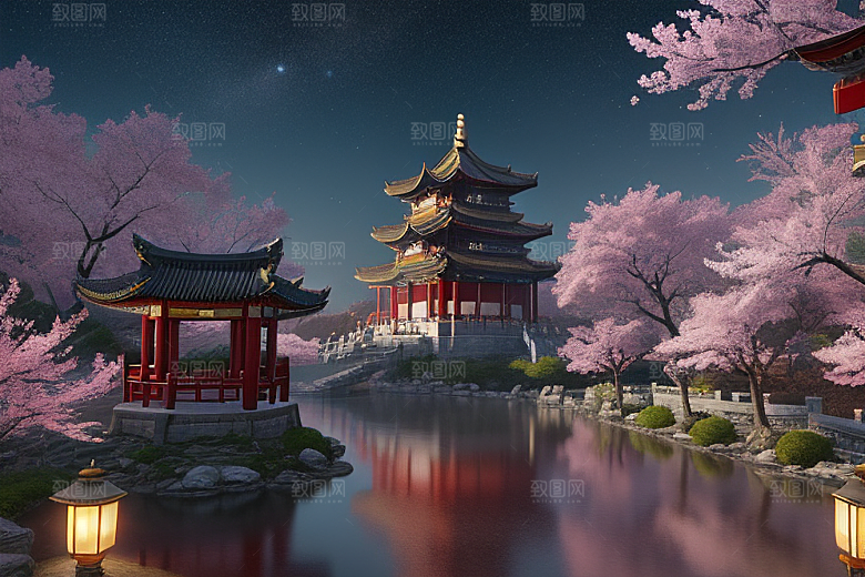 明亮世界仙境中的清澈桃花