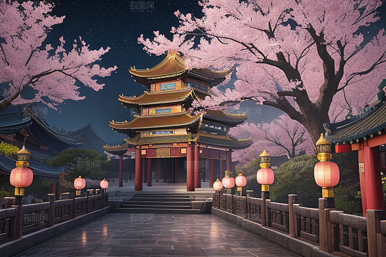明亮桃花绽放的桃花在中国风CG中
