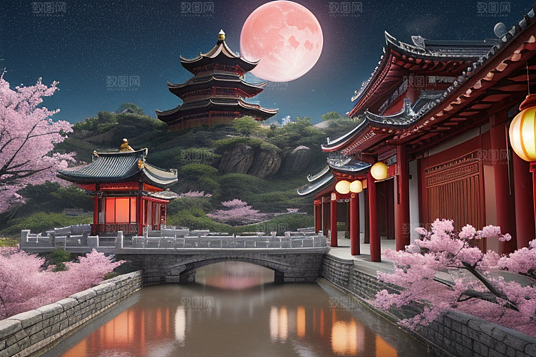 明亮桃花绽放的桃花在中国风CG中