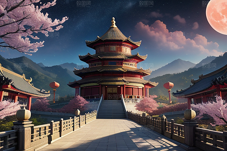 明亮桃花绽放的桃花在中国风CG中