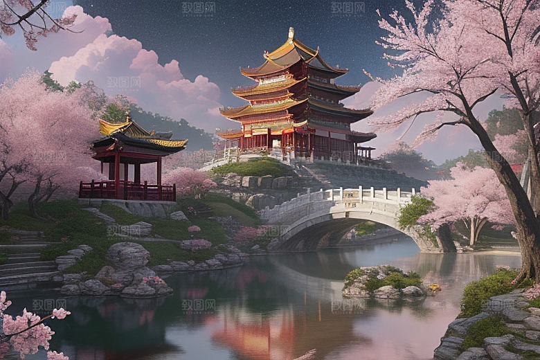 明亮桃花绽放的桃花在中国风CG中