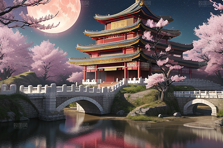 明亮桃花绽放的桃花在中国风CG中