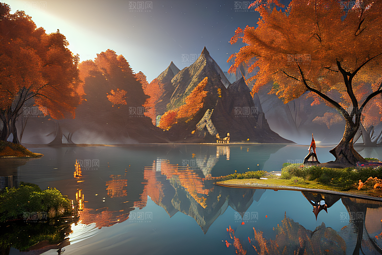 金秋夜晚的仙境宫殿景观