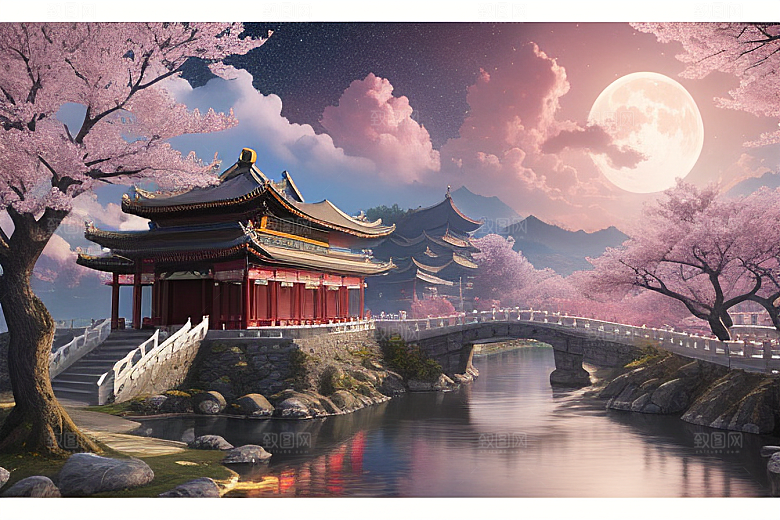 明亮桃花绽放的桃花在中国风CG中