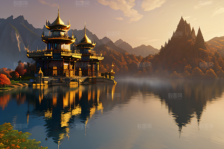 金秋夜晚的仙境宫殿景观
