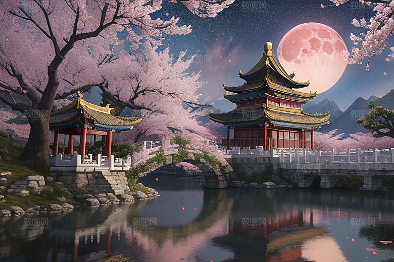 清澈桃花仙境中的明亮神话