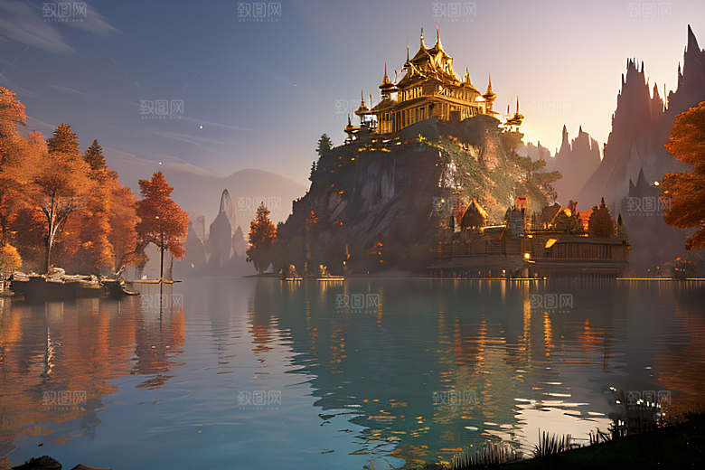 金秋夜晚的仙境宫殿景观