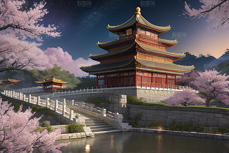 清澈桃花仙境中的明亮神话